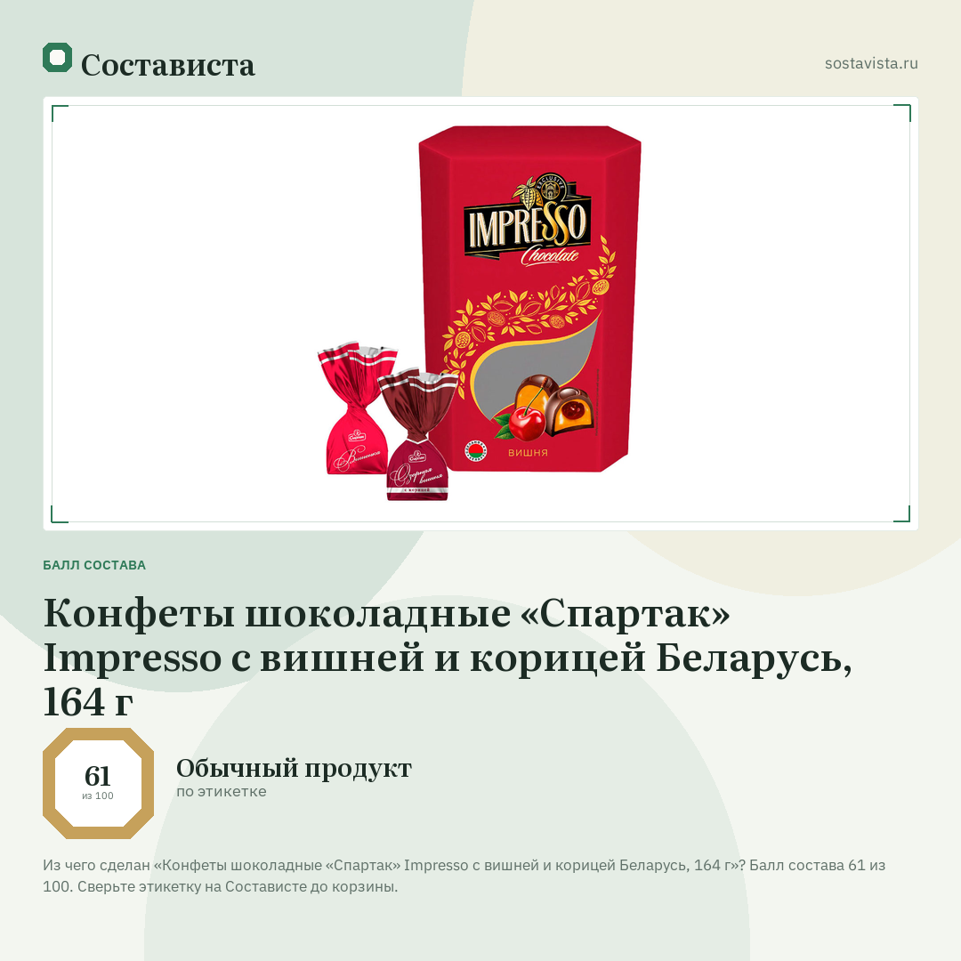 Конфеты шоколадные «Спартак» Impresso с вишней и корицей Беларусь, 164 г: балл состава 61 из 100 — Состависта