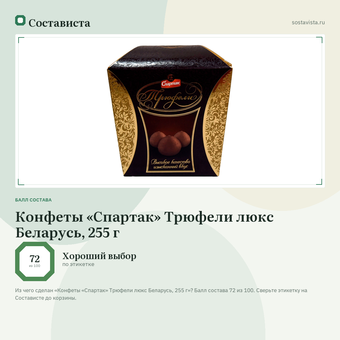 Конфеты «Спартак» Трюфели люкс Беларусь, 255 г: балл состава 72 из 100 — Состависта