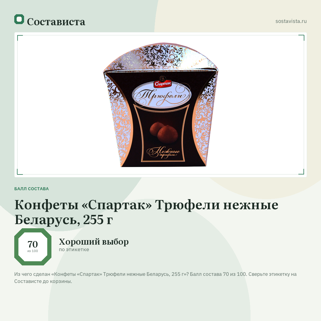 Конфеты «Спартак» Трюфели нежные Беларусь, 255 г: балл состава 70 из 100 — Состависта