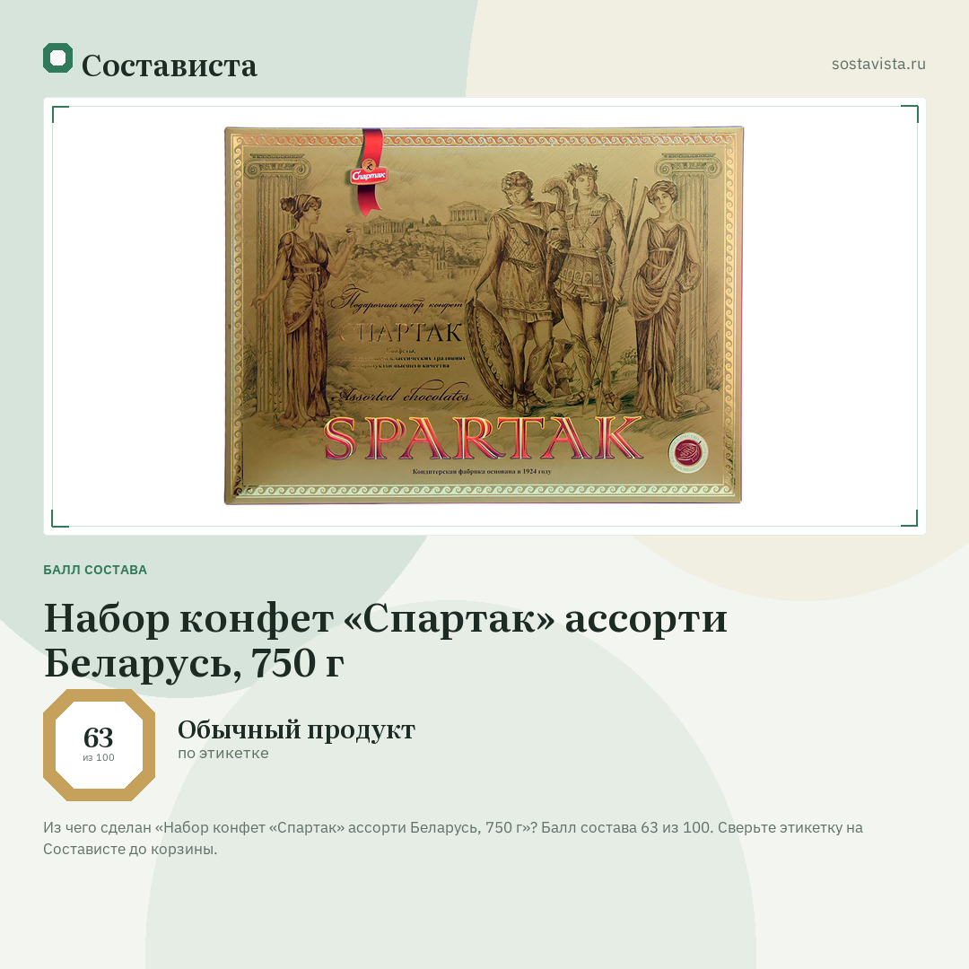 Набор конфет «Спартак» ассорти Беларусь, 750 г: балл состава 63 из 100 — Состависта
