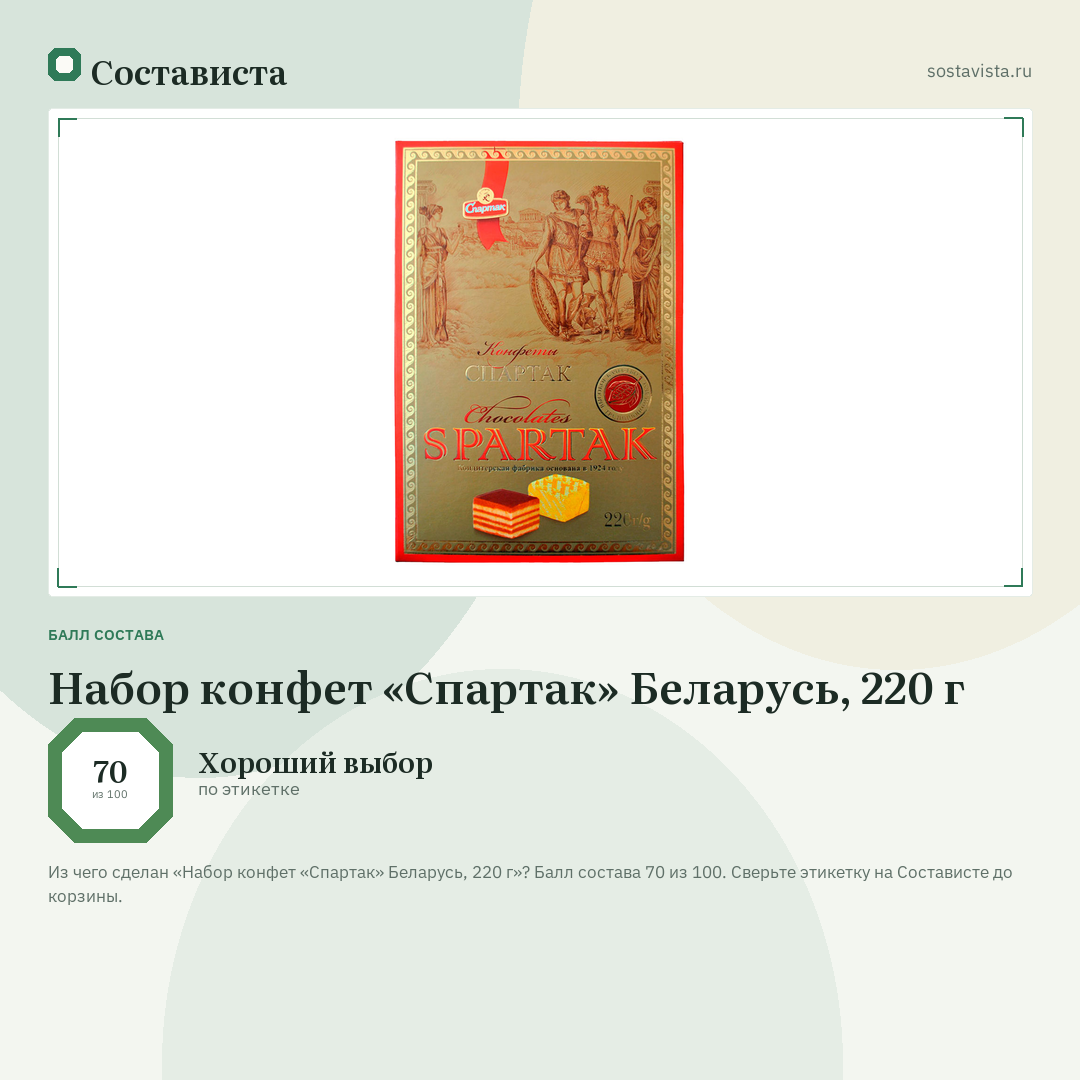 Набор конфет «Спартак» Беларусь, 220 г: балл состава 70 из 100 — Состависта