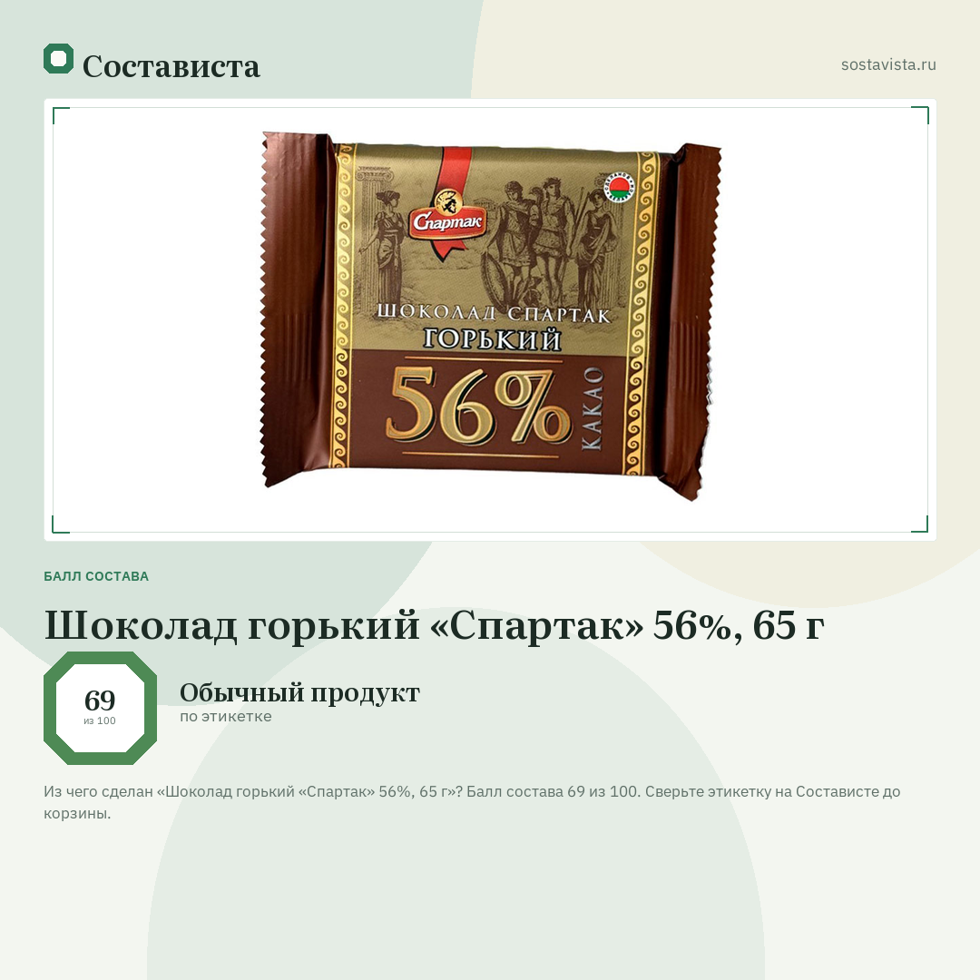 Шоколад горький «Спартак» 56%, 65 г: балл состава 69 из 100 — Состависта