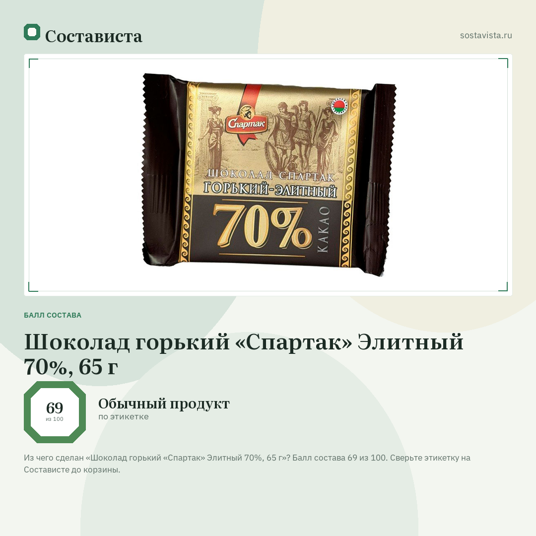 Шоколад горький «Спартак» Элитный 70%, 65 г: балл состава 69 из 100 — Состависта