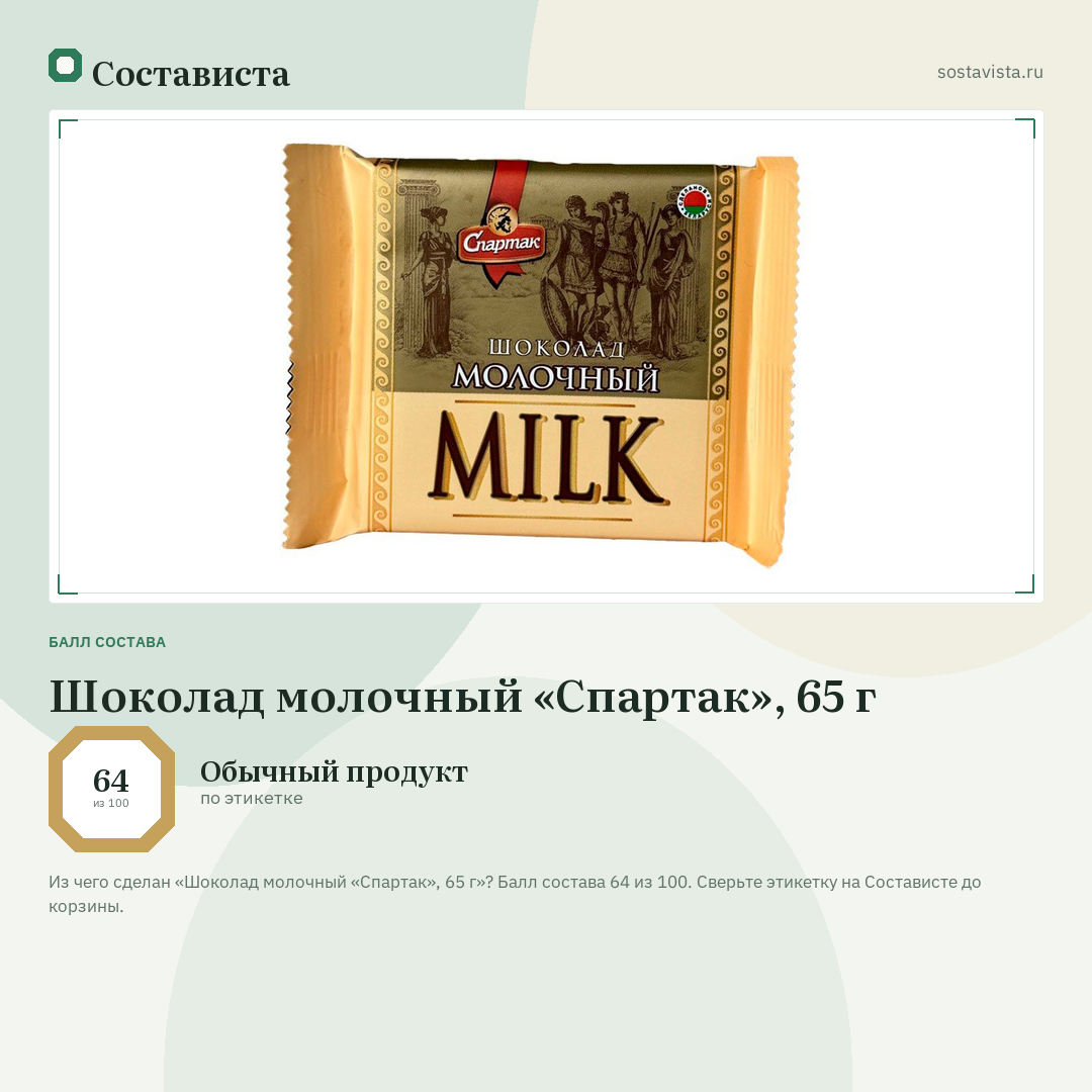 Шоколад молочный «Спартак», 65 г: балл состава 64 из 100 — Состависта