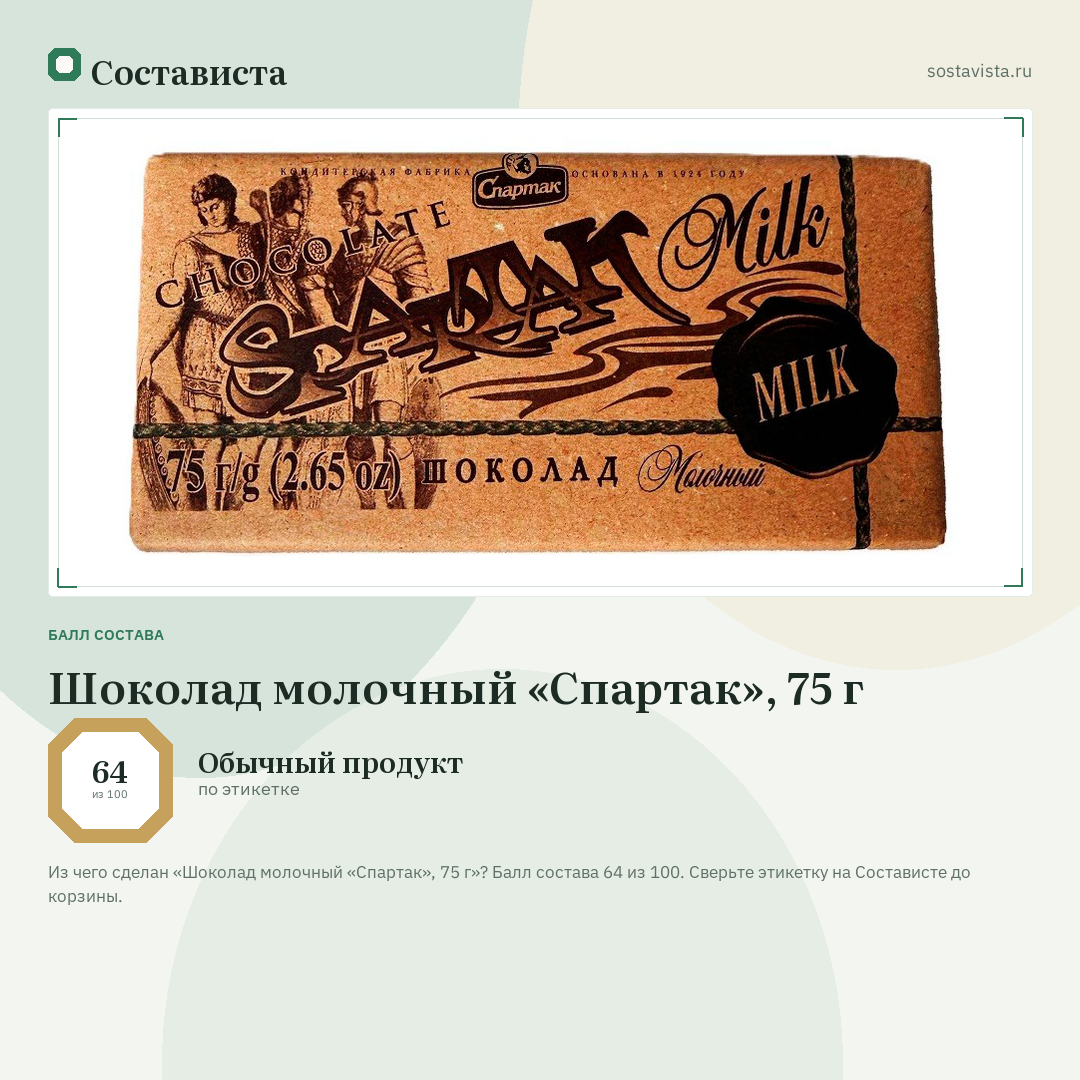 Шоколад молочный «Спартак», 75 г: балл состава 64 из 100 — Состависта
