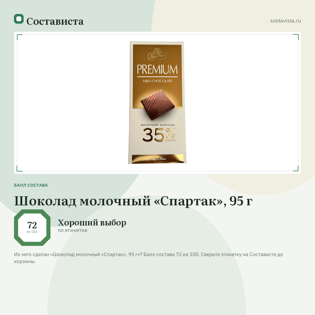Шоколад молочный «Спартак», 95 г: балл состава 72 из 100 — Состависта