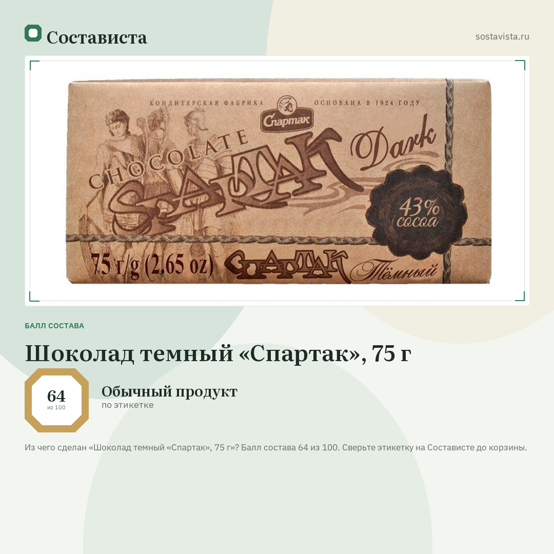 Шоколад темный «Спартак», 75 г: балл состава 64 из 100 — Состависта