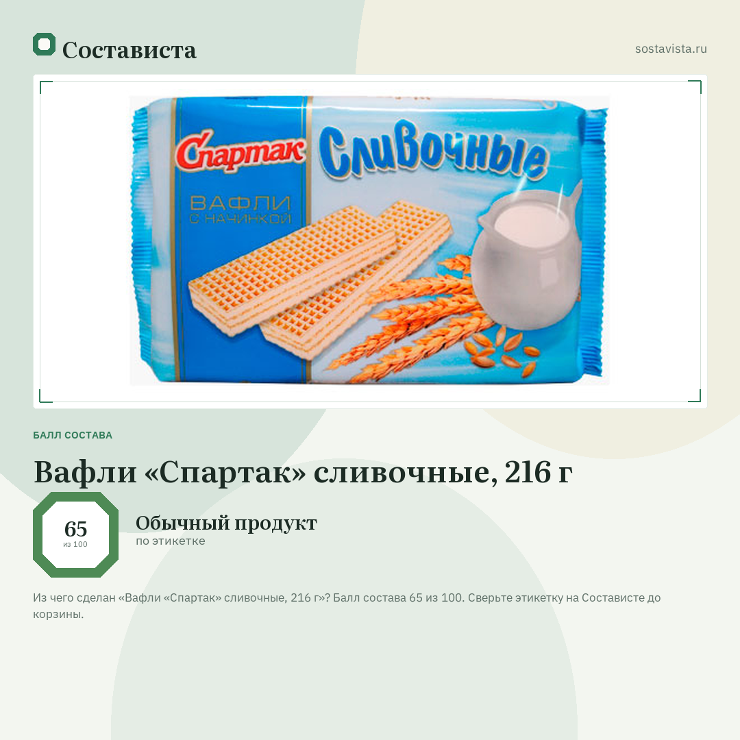 Вафли «Спартак» сливочные, 216 г: балл состава 65 из 100 — Состависта
