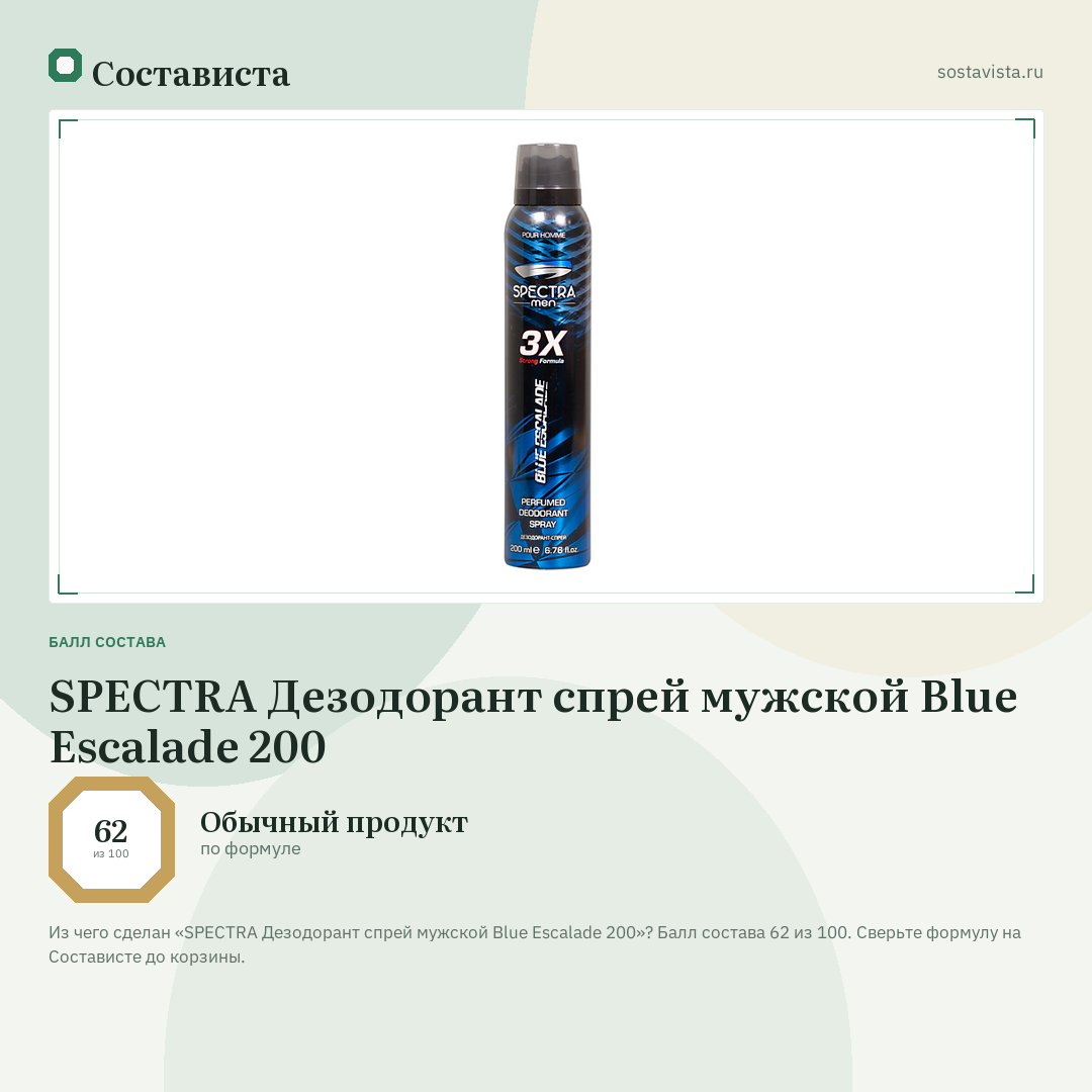 SPECTRA Дезодорант спрей мужской Blue Escalade 200: балл состава 62 из 100 — Состависта
