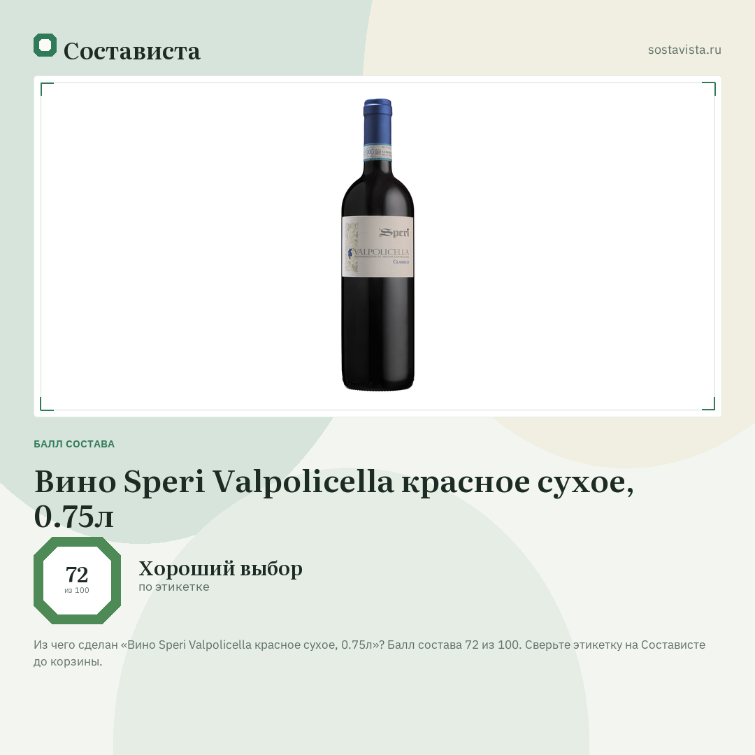 Вино Speri Valpolicella красное сухое, 0.75л: балл состава 72 из 100 — Состависта