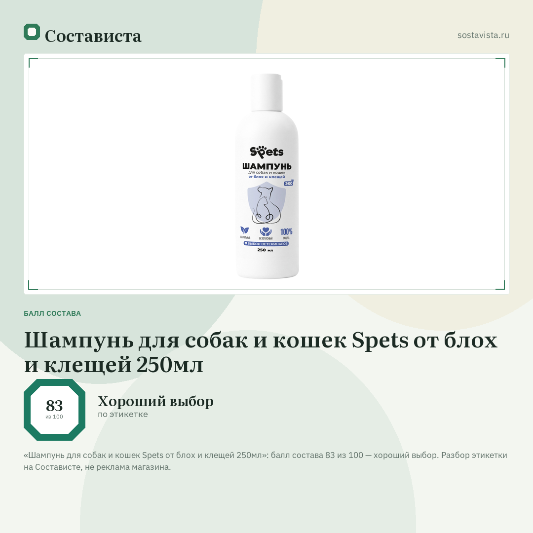Шампунь для собак и кошек Spets от блох и клещей 250мл: балл состава 83 из 100 — Состависта
