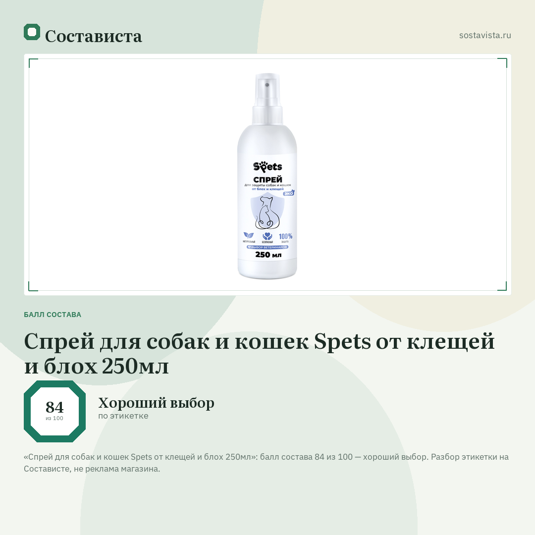 Спрей для собак и кошек Spets от клещей и блох 250мл: балл состава 84 из 100 — Состависта