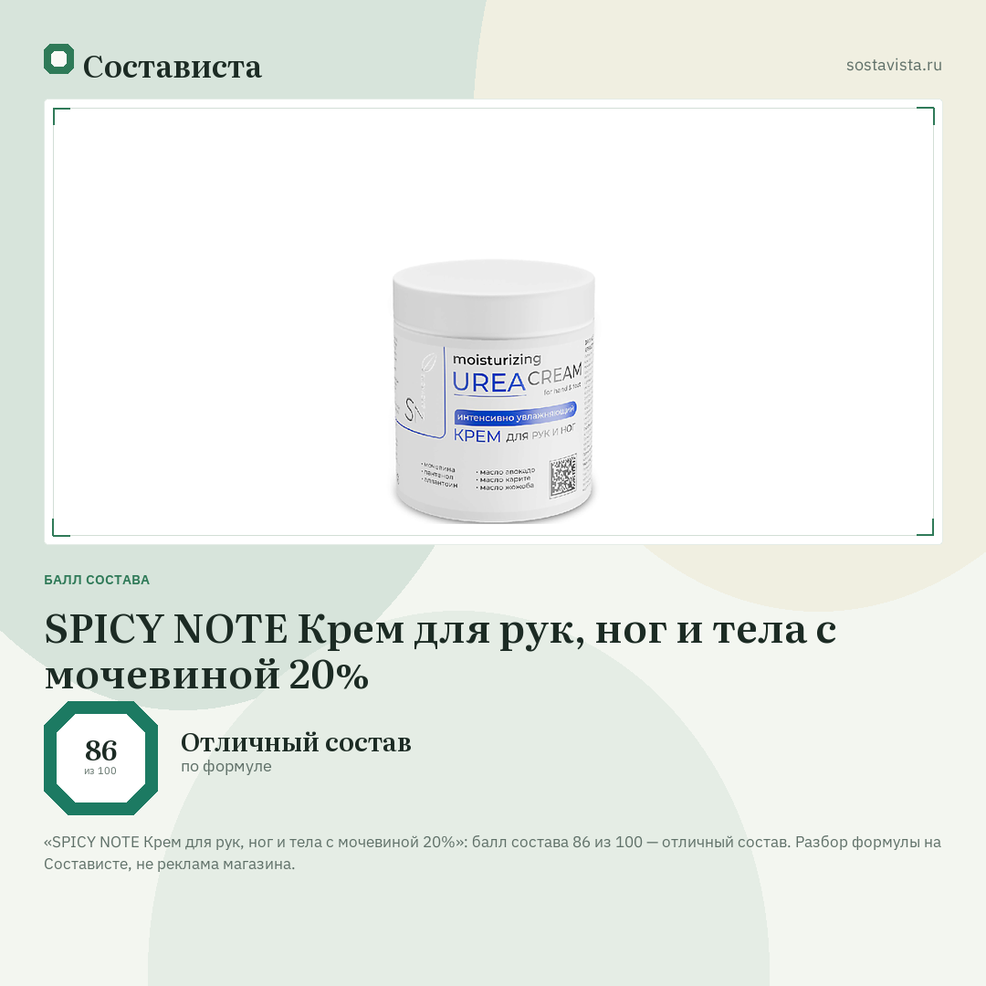 SPICY NOTE Крем для рук, ног и тела с мочевиной 20%: балл состава 86 из 100 — Состависта