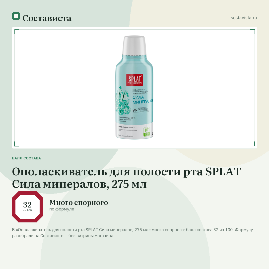 Ополаскиватель для полости рта SPLAT Сила минералов, 275 мл: балл состава 32 из 100 — Состависта