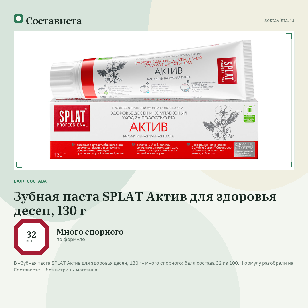 Зубная паста SPLAT Актив для здоровья десен, 130 г: балл состава 32 из 100 — Состависта