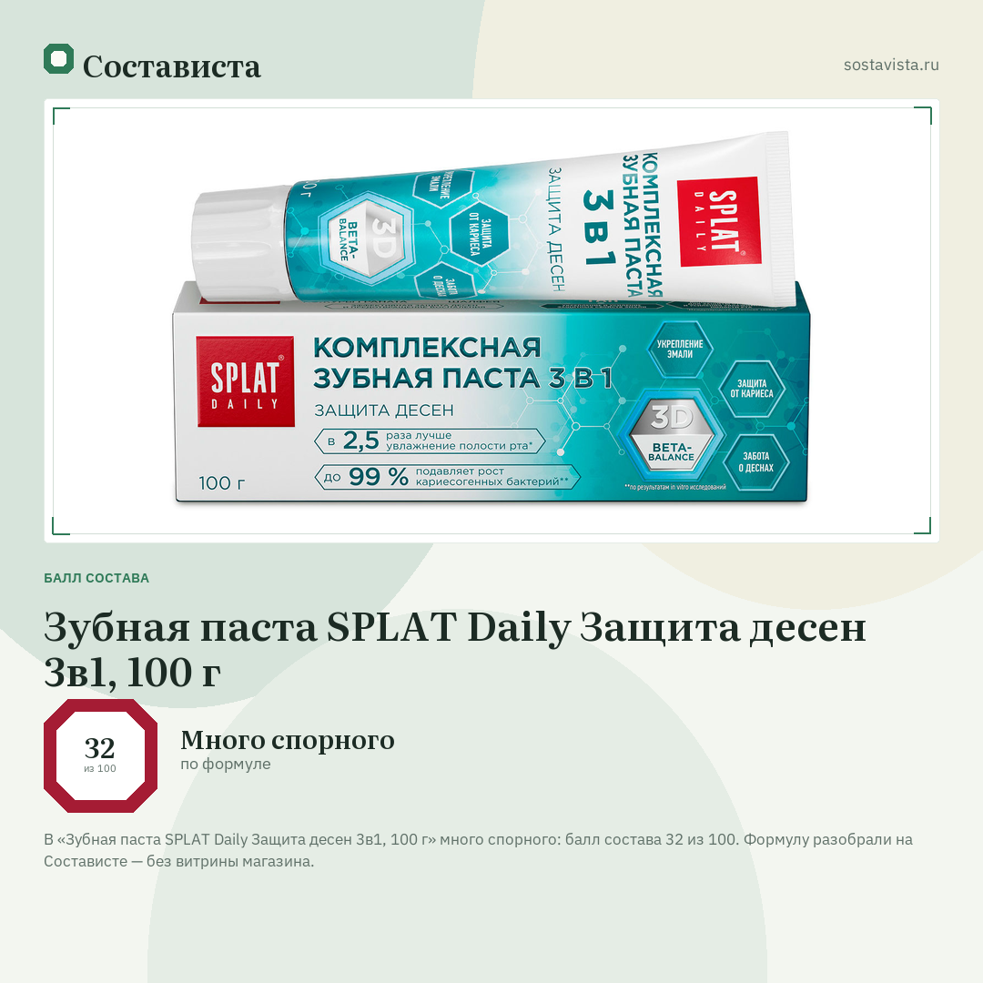 Зубная паста SPLAT Daily Защита десен 3в1, 100 г: балл состава 32 из 100 — Состависта
