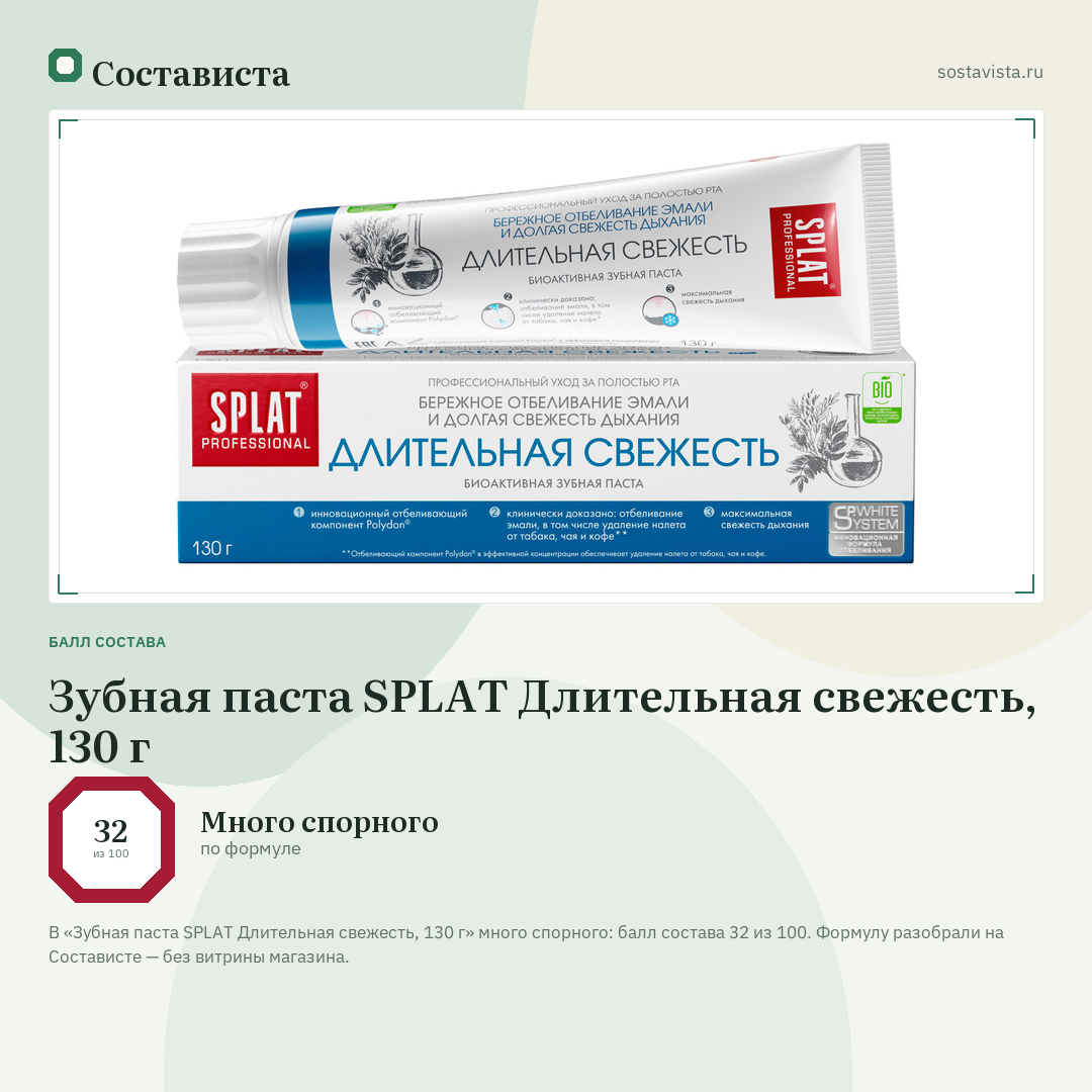 Зубная паста SPLAT Длительная свежесть, 130 г: балл состава 32 из 100 — Состависта
