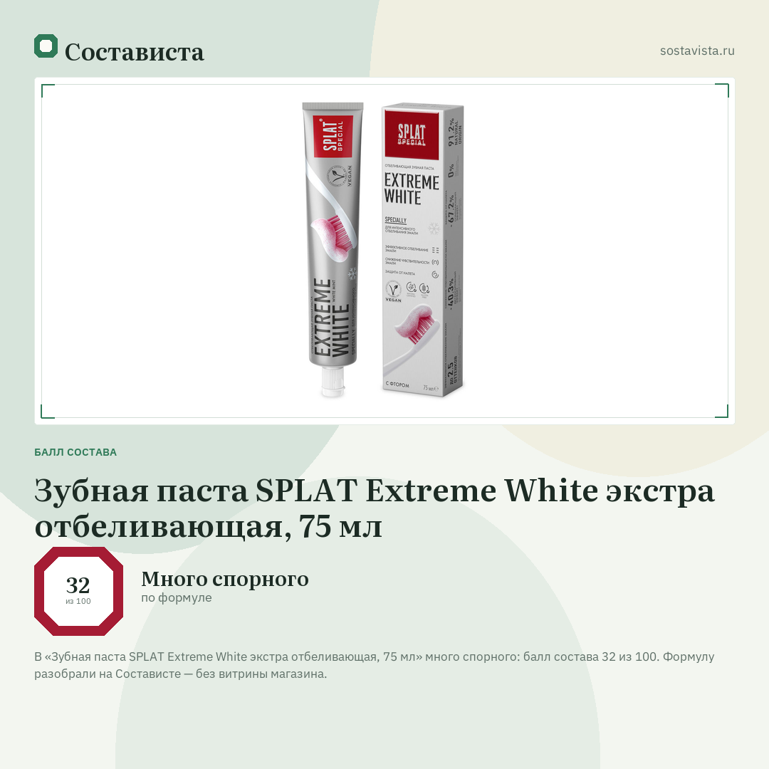 Зубная паста SPLAT Extreme White экстра отбеливающая, 75 мл: балл состава 32 из 100 — Состависта