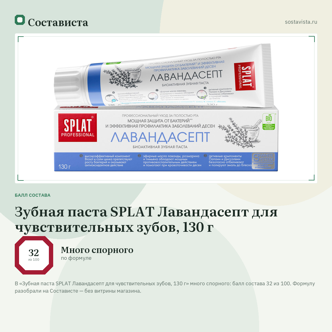 Зубная паста SPLAT Лавандасепт для чувствительных зубов, 130 г: балл состава 32 из 100 — Состависта