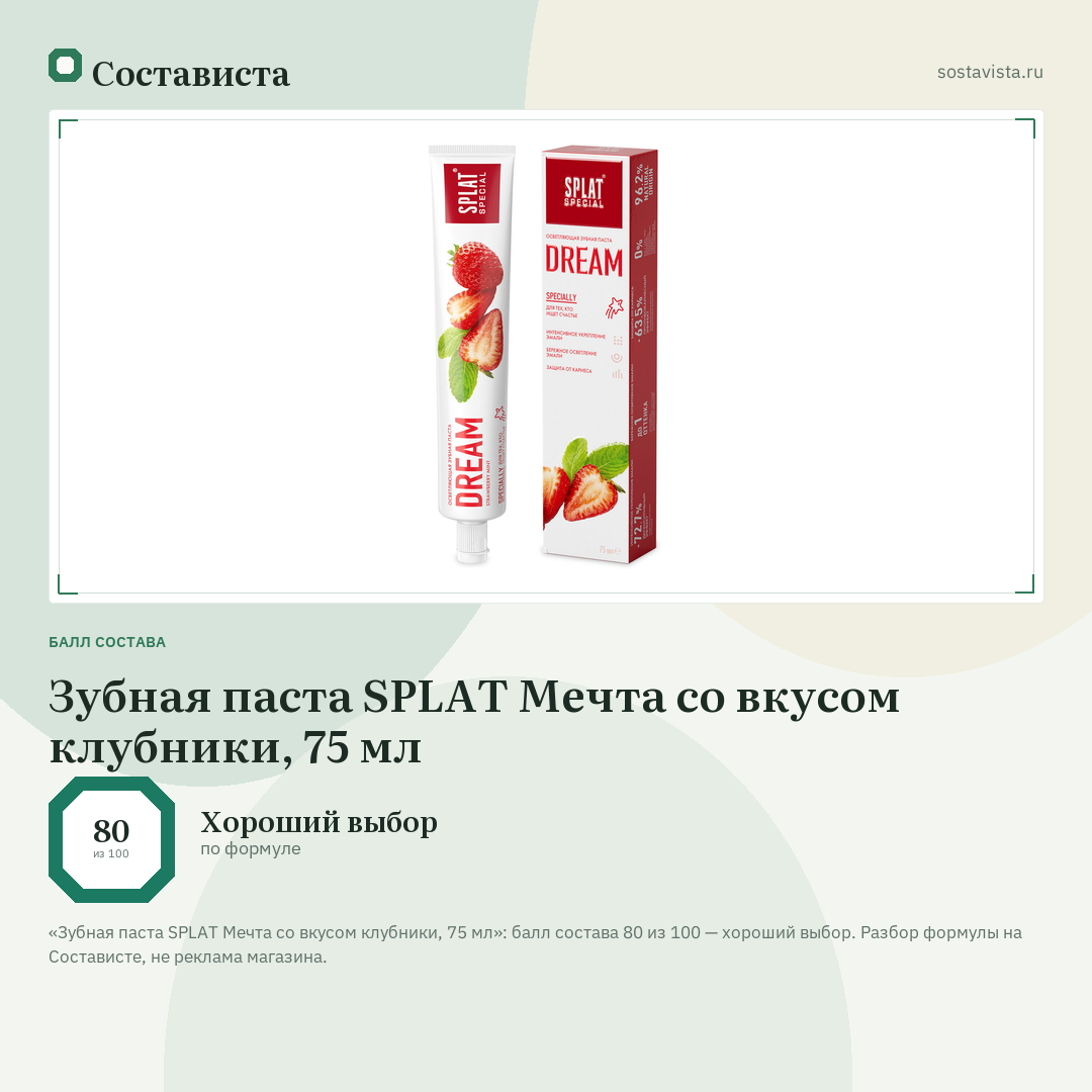 Зубная паста SPLAT Мечта со вкусом клубники, 75 мл: балл состава 80 из 100 — Состависта