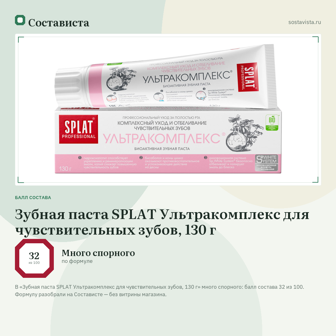Зубная паста SPLAT Ультракомплекс для чувствительных зубов, 130 г: балл состава 32 из 100 — Состависта