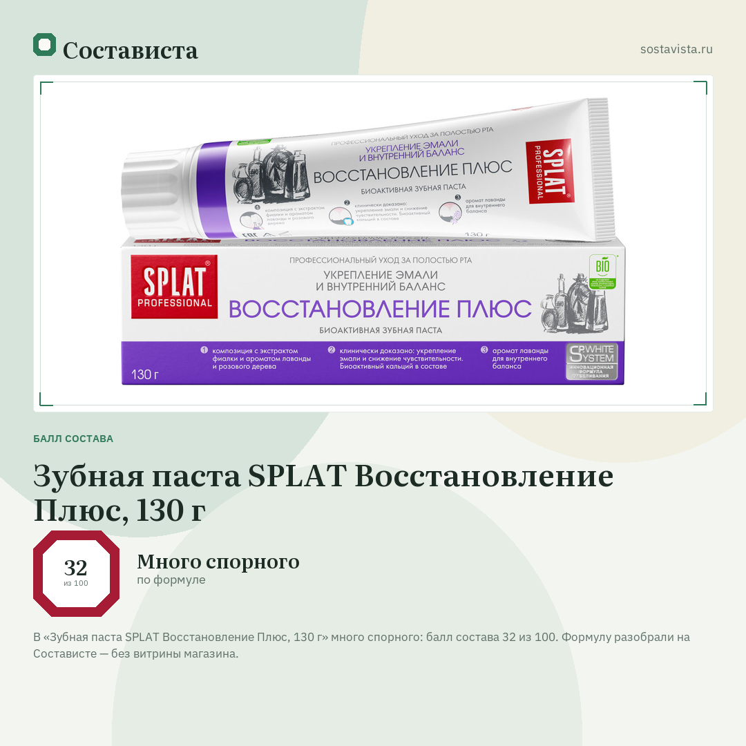 Зубная паста SPLAT Восстановление Плюс, 130 г: балл состава 32 из 100 — Состависта