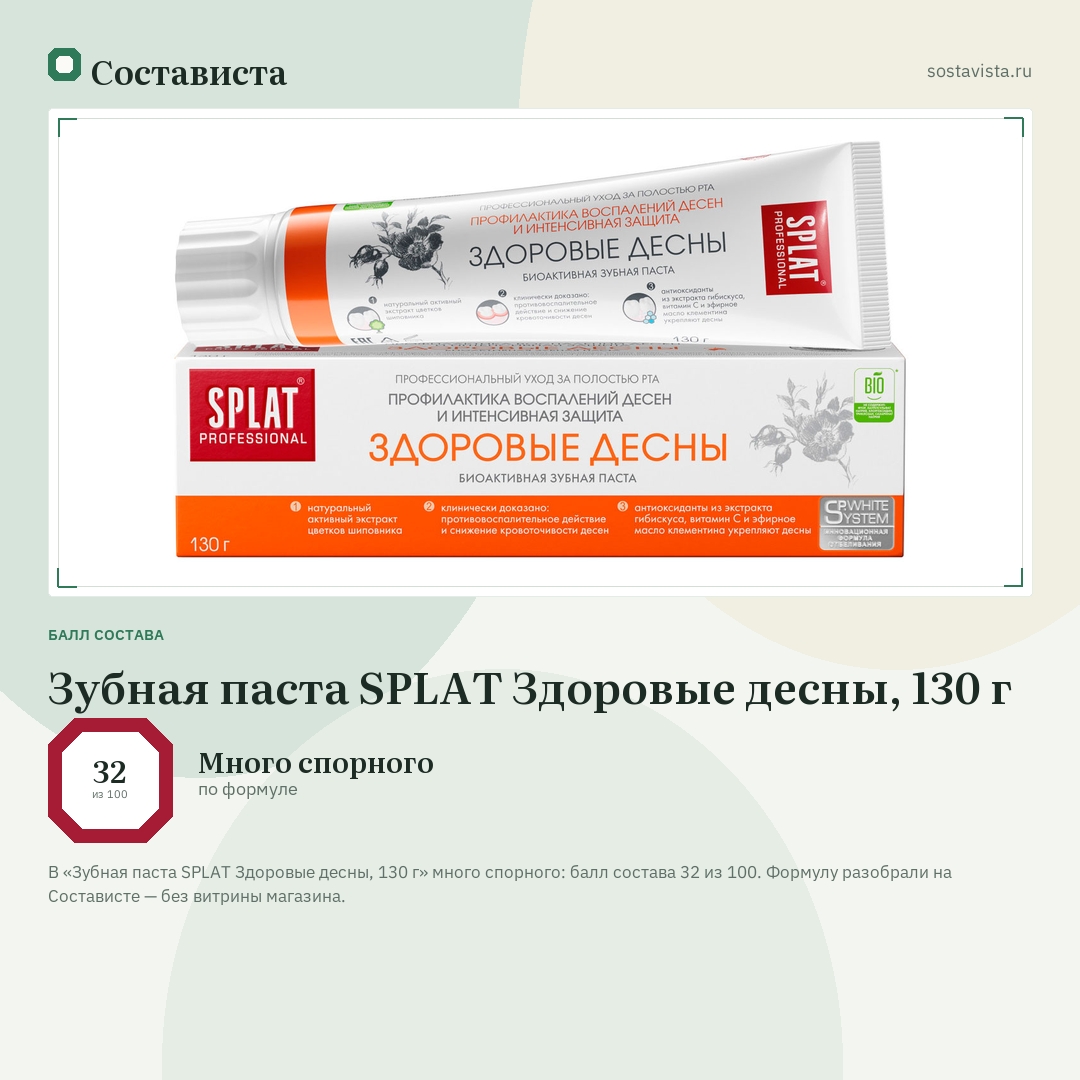 Зубная паста SPLAT Здоровые десны, 130 г: балл состава 32 из 100 — Состависта
