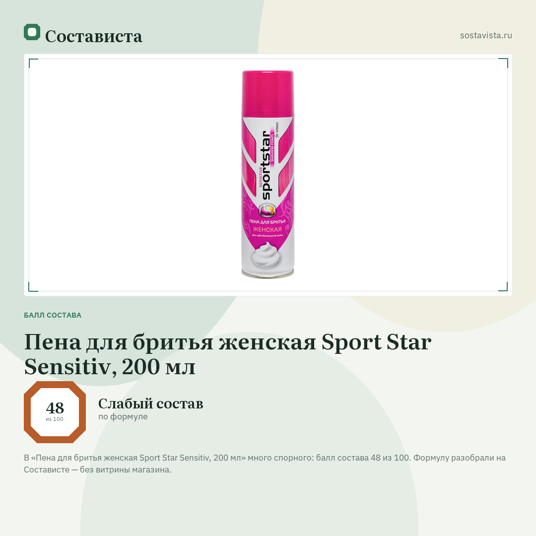Пена для бритья женская Sport Star Sensitiv, 200 мл: балл состава 48 из 100 — Состависта
