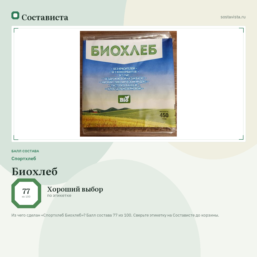 Спортхлеб Биохлеб: балл состава 77 из 100 — Состависта