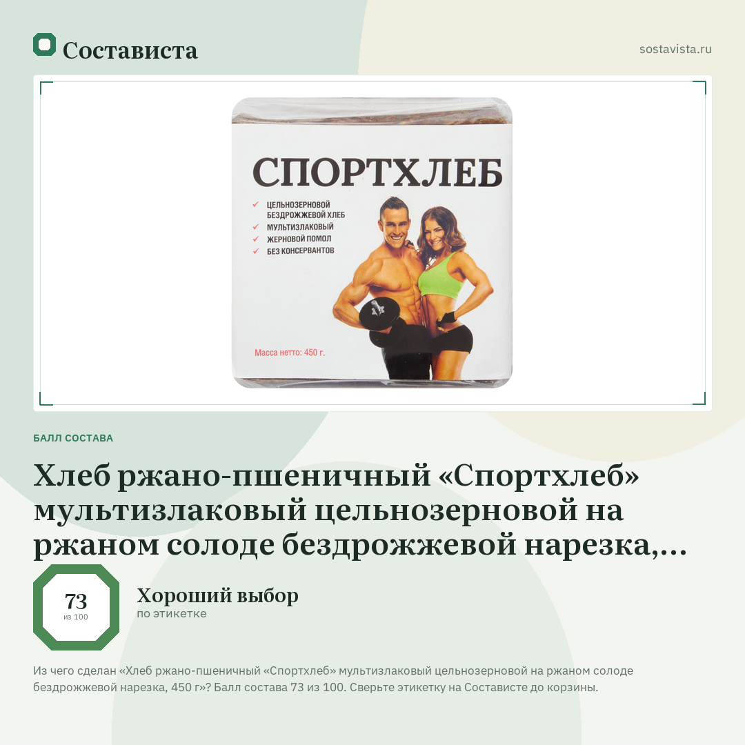 Хлеб ржано-пшеничный «Спортхлеб» мультизлаковый цельнозерновой на ржаном солоде бездрожжевой нарезка, 450 г: балл состава 73 из 100 — Состависта