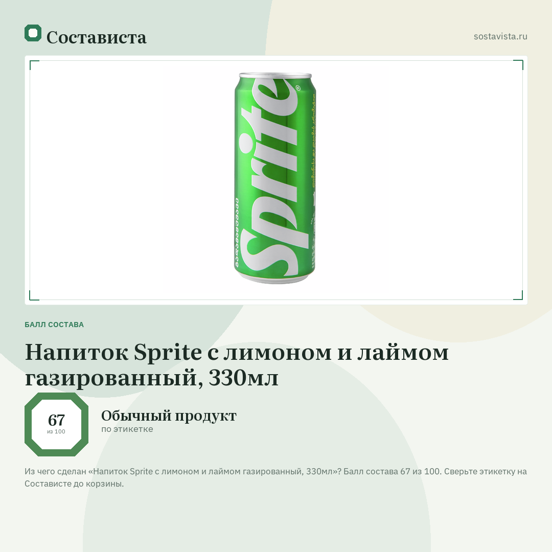 Напиток Sprite с лимоном и лаймом газированный, 330мл: балл состава 67 из 100 — Состависта