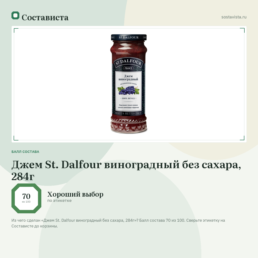 Джем St. Dalfour виноградный без сахара, 284г: балл состава 70 из 100 — Состависта