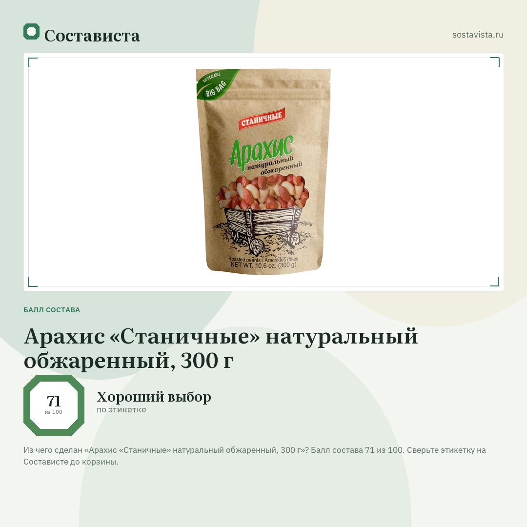 Арахис «Станичные» натуральный обжаренный, 300 г: балл состава 71 из 100 — Состависта