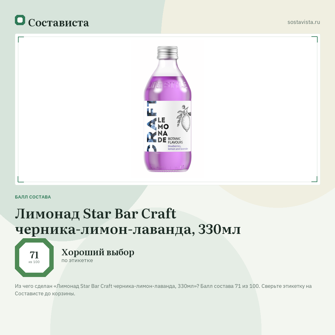 Лимонад Star Bar Craft черника-лимон-лаванда, 330мл: балл состава 71 из 100 — Состависта