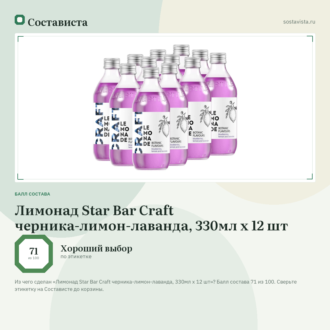 Лимонад Star Bar Craft черника-лимон-лаванда, 330мл x 12 шт: балл состава 71 из 100 — Состависта