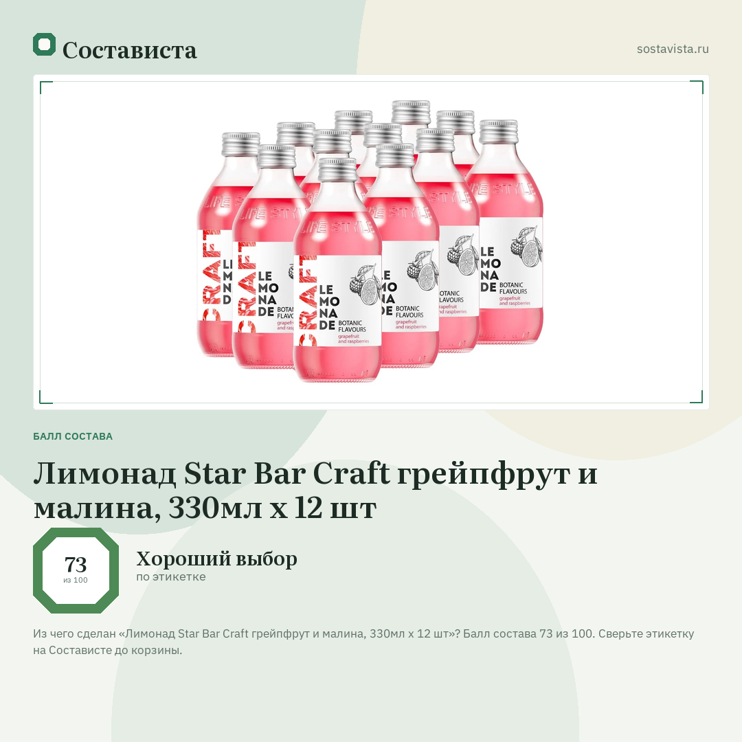 Лимонад Star Bar Craft грейпфрут и малина, 330мл x 12 шт: балл состава 73 из 100 — Состависта