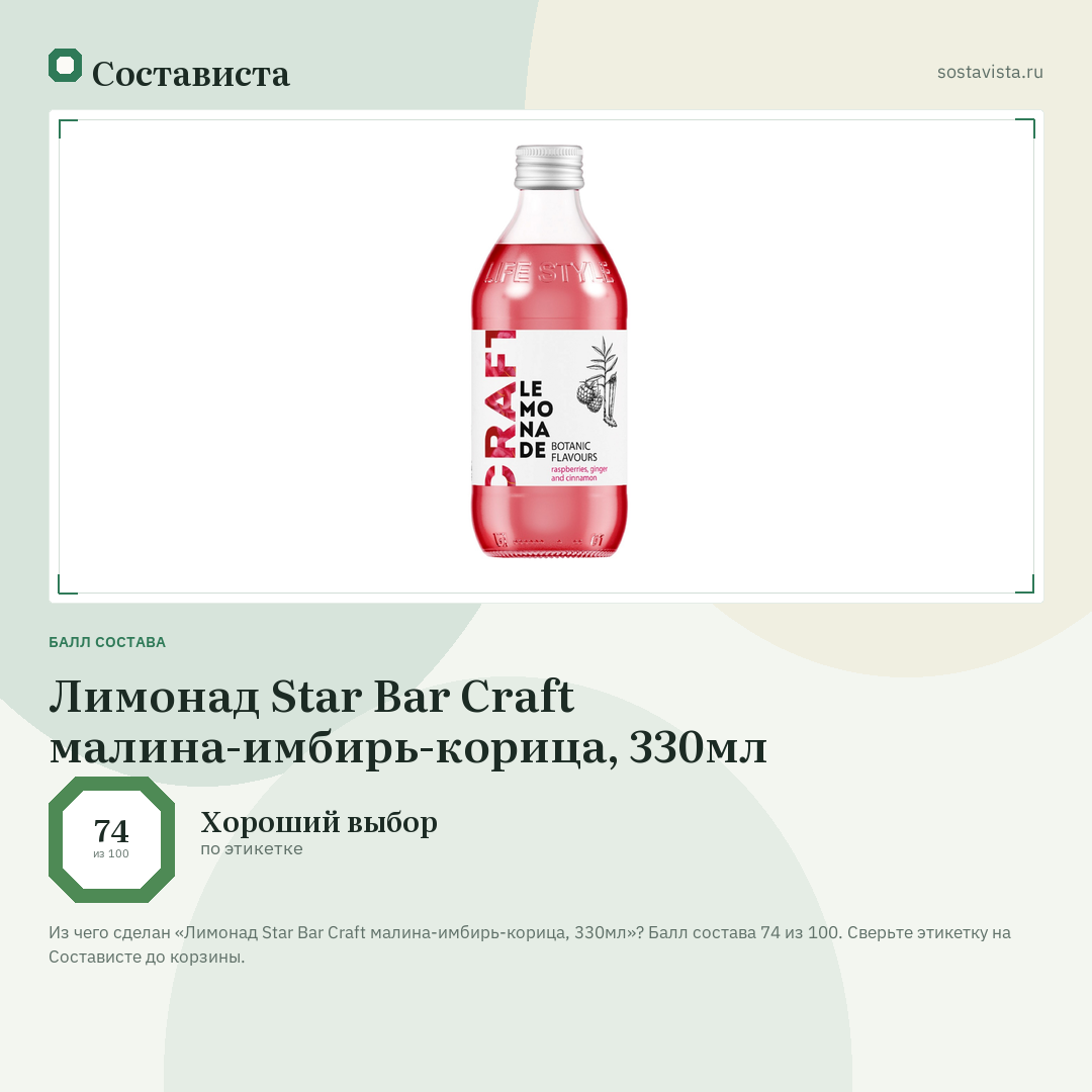 Лимонад Star Bar Craft малина-имбирь-корица, 330мл: балл состава 74 из 100 — Состависта