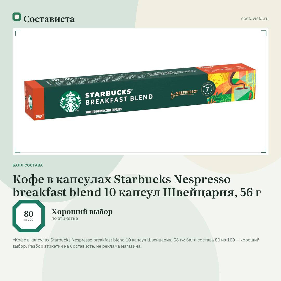 Кофе в капсулах Starbucks Nespresso breakfast blend 10 капсул Швейцария, 56 г: балл состава 80 из 100 — Состависта
