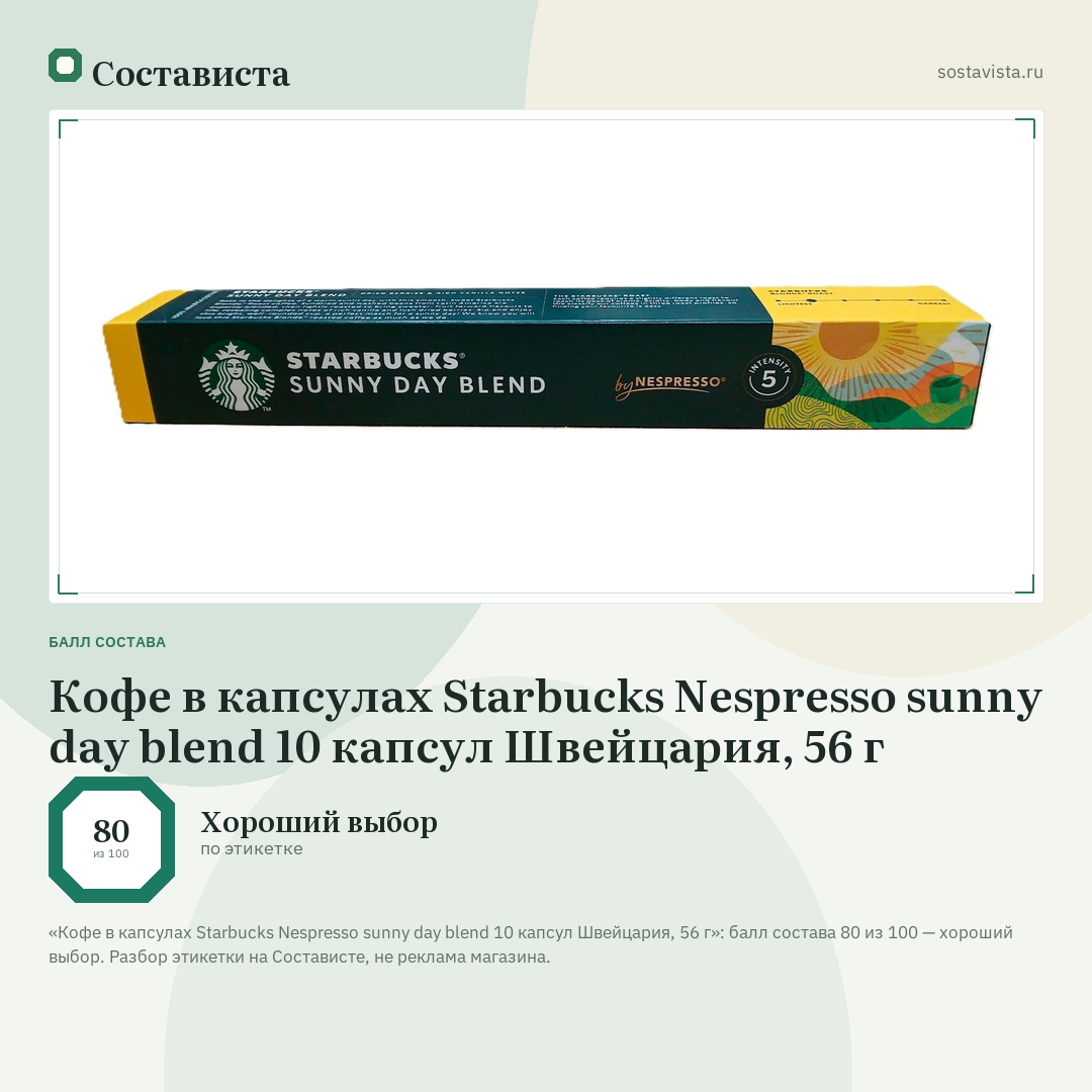 Кофе в капсулах Starbucks Nespresso sunny day blend 10 капсул Швейцария, 56 г: балл состава 80 из 100 — Состависта