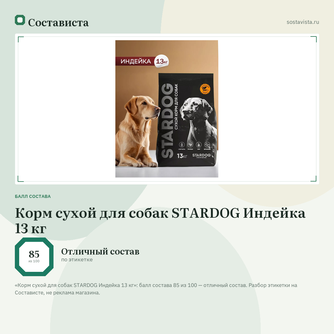 Корм сухой для собак STARDOG Индейка 13 кг: балл состава 85 из 100 — Состависта