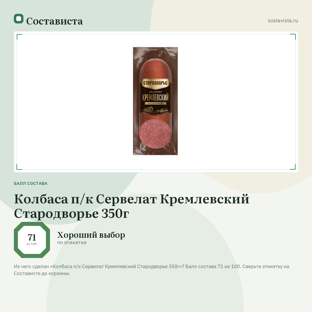 Колбаса п/к Сервелат Кремлевский Стародворье 350г: балл состава 71 из 100 — Состависта