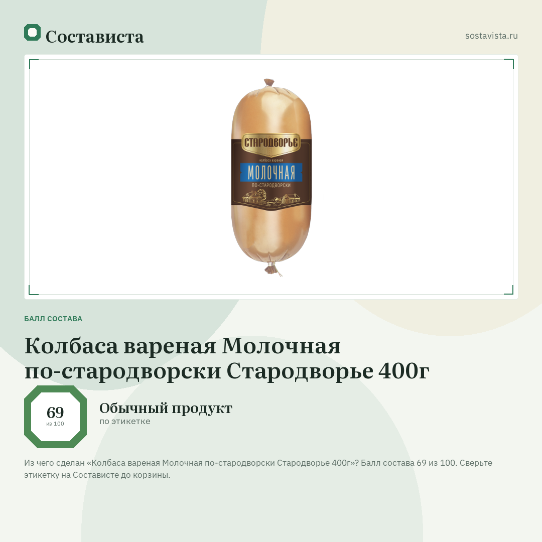 Колбаса вареная Молочная по-стародворски Стародворье 400г: балл состава 69 из 100 — Состависта
