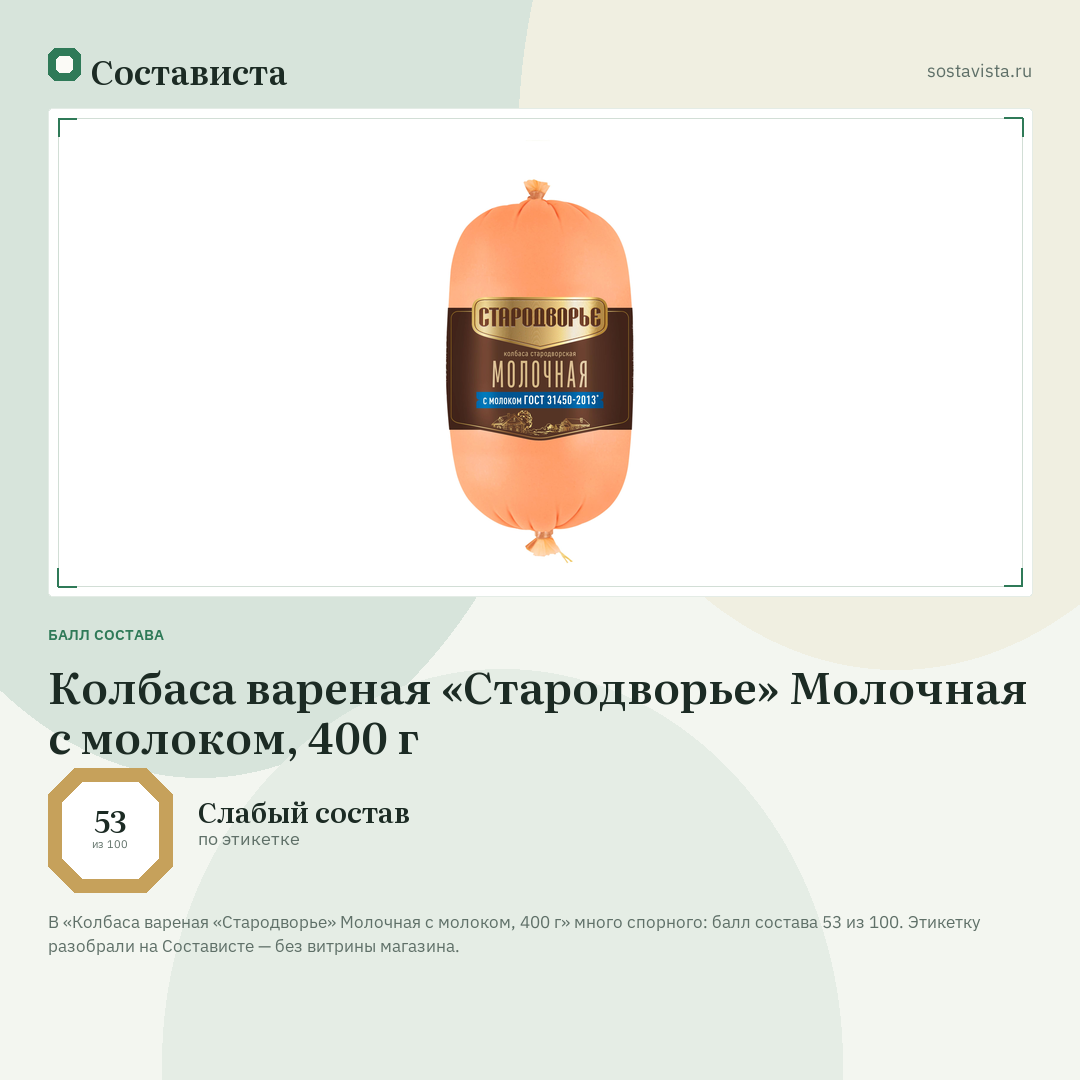 Колбаса вареная «Стародворье» Молочная с молоком, 400 г: балл состава 53 из 100 — Состависта