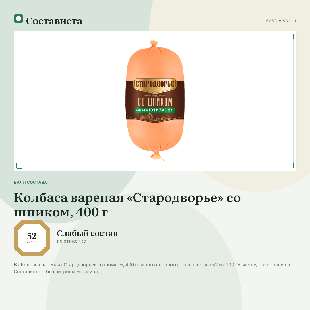Колбаса вареная «Стародворье» со шпиком, 400 г: балл состава 52 из 100 — Состависта