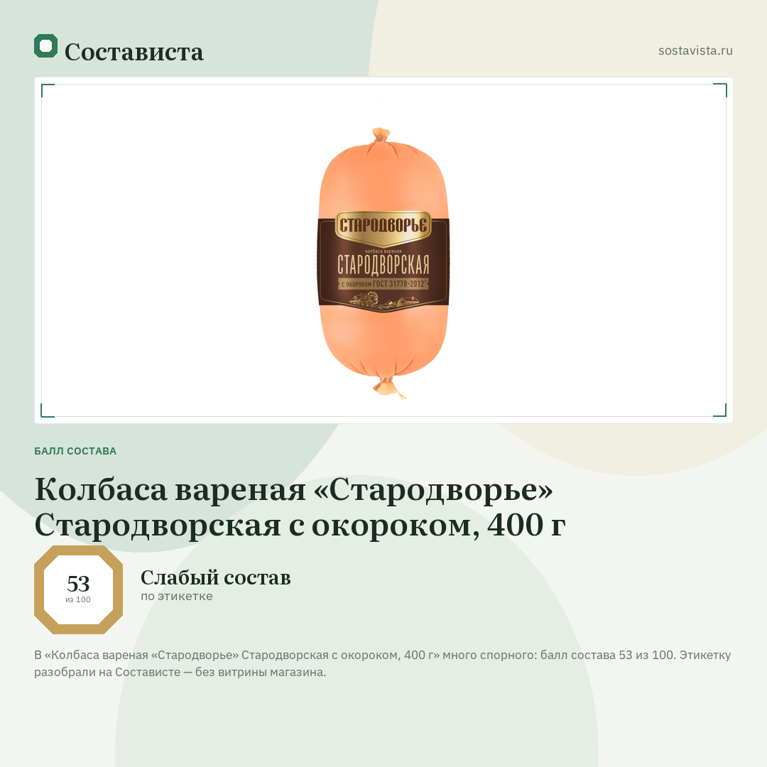 Колбаса вареная «Стародворье» Стародворская с окороком, 400 г: балл состава 53 из 100 — Состависта