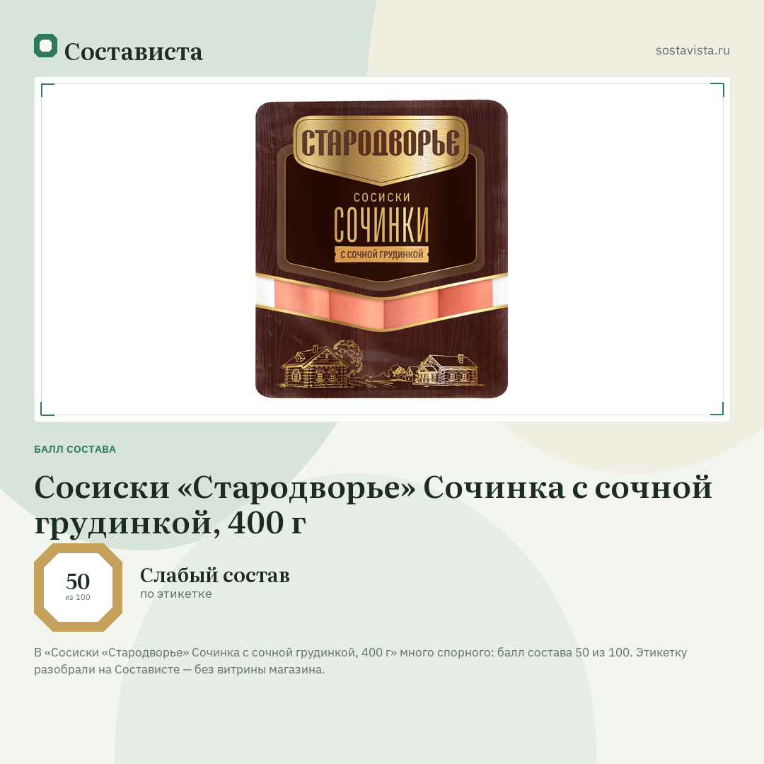 Сосиски «Стародворье» Сочинка с сочной грудинкой, 400 г: балл состава 50 из 100 — Состависта