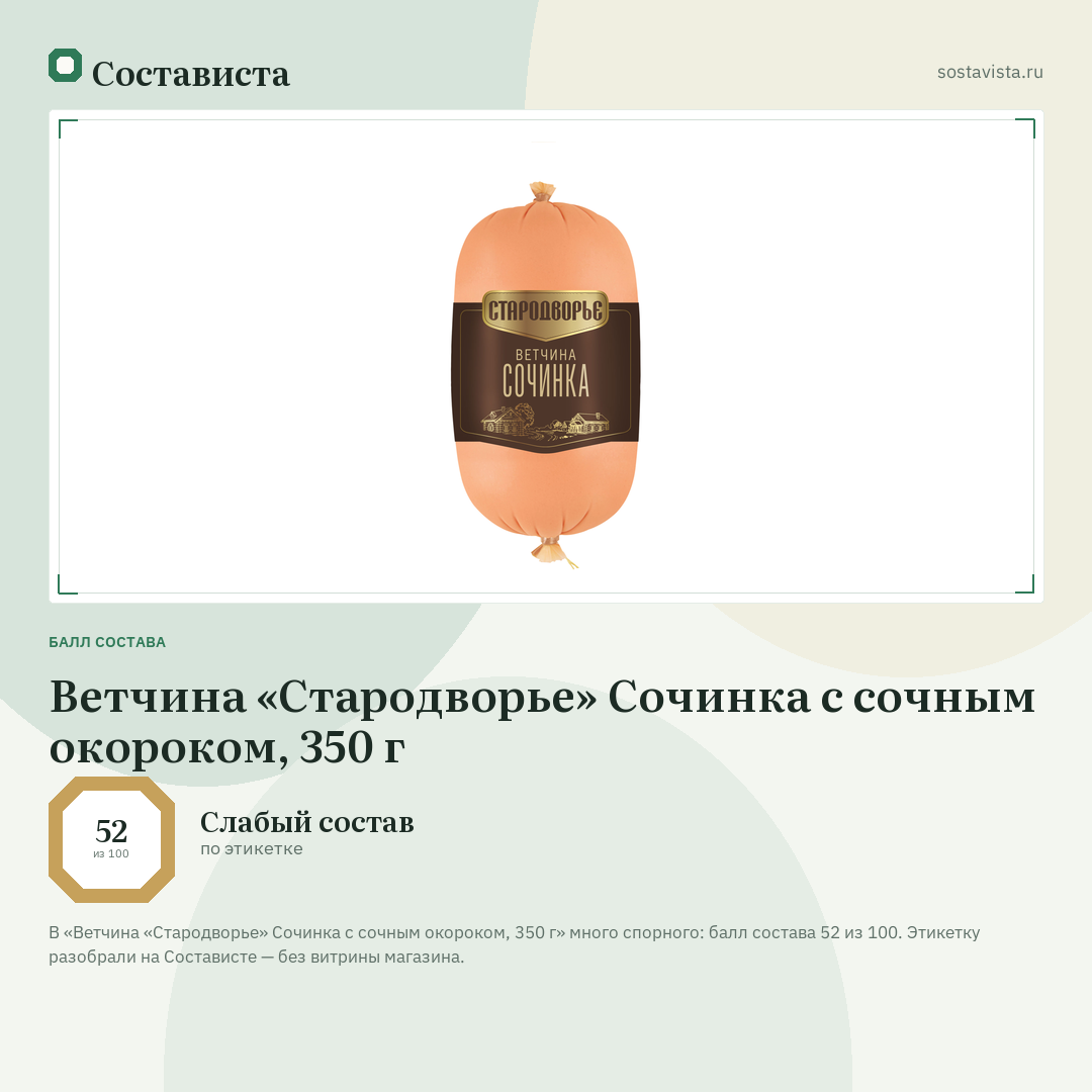Ветчина «Стародворье» Сочинка с сочным окороком, 350 г: балл состава 52 из 100 — Состависта