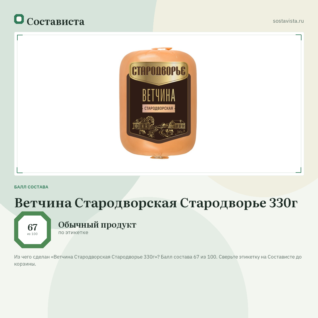 Ветчина Стародворская Стародворье 330г: балл состава 67 из 100 — Состависта
