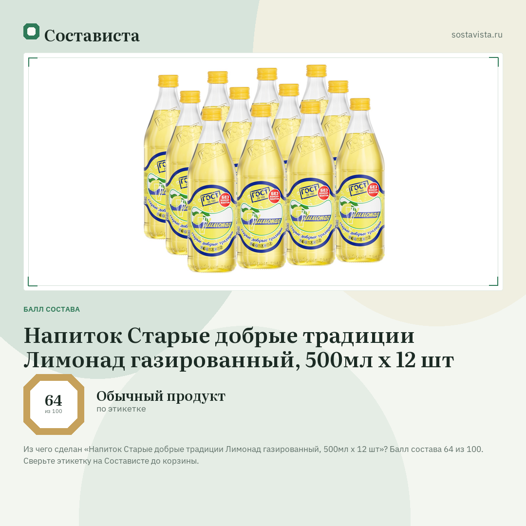 Напиток Старые добрые традиции Лимонад газированный, 500мл x 12 шт: балл состава 64 из 100 — Состависта