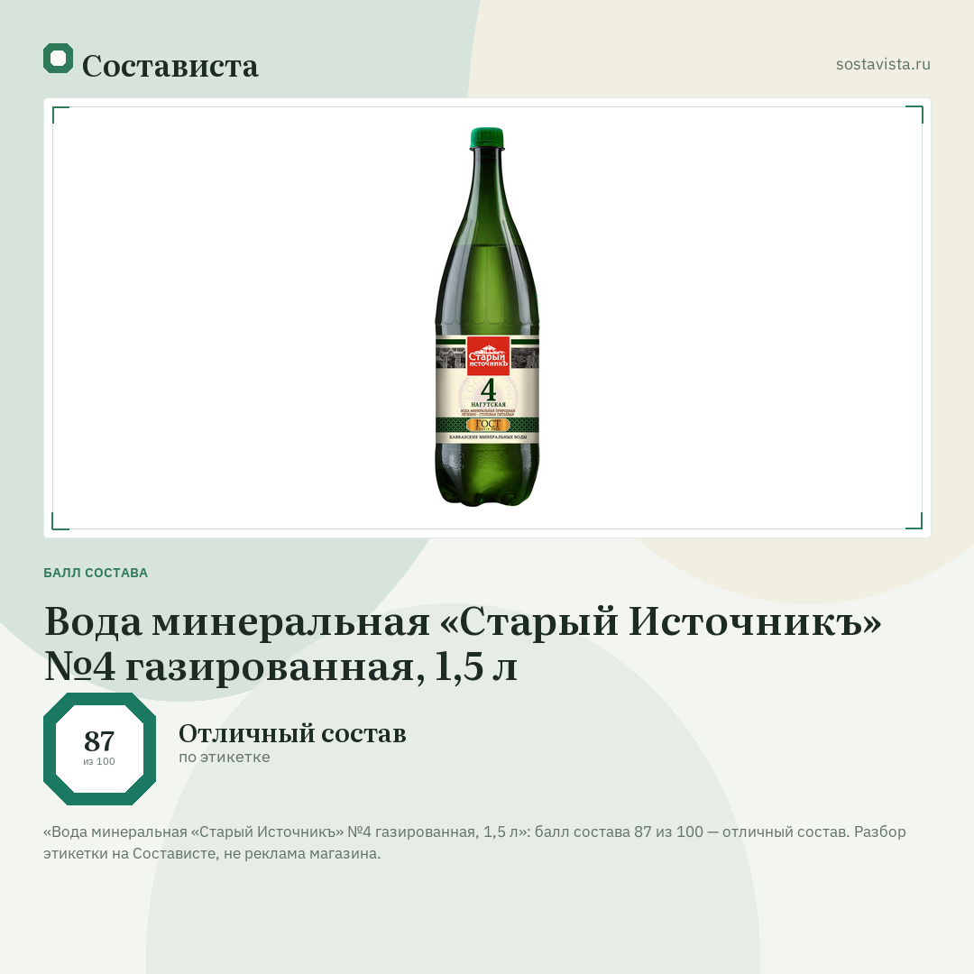 Вода минеральная «Старый Источникъ» №4 газированная, 1,5 л: балл состава 87 из 100 — Состависта